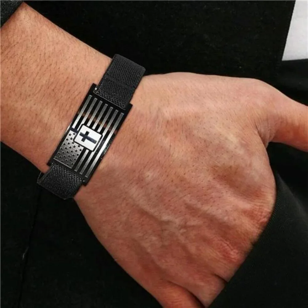 American Flag Cross Bracelet for Men Women, Black Elastic Stretch Strap